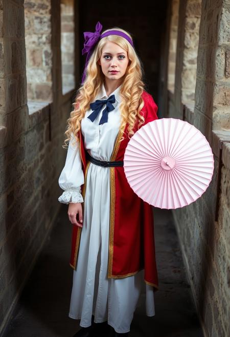 My girlfriend cosplays as a woman from a medieval European ducal family. She has long curly blond hair, a purple bow headband on the back of her head, blue eyes, a white shirt with a blue bow on the collar, a red coat with gold trim, a long white pleated skirt, black boots, and a pink paper fan.
Solo photo taken in an old castle.
FHD, Rich in details, masterpiece.