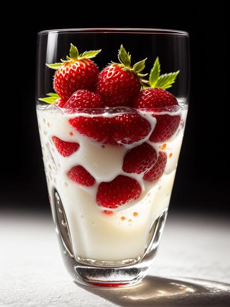 product photography of a 10 small strawberries fall into a glass of milk, intricate, epic, highly detailed, vibrant, food photography, epic render, octane, accent lights, (backlit:1.3), (cinematic:1.3), intricate details, (ArtStation:1.3)