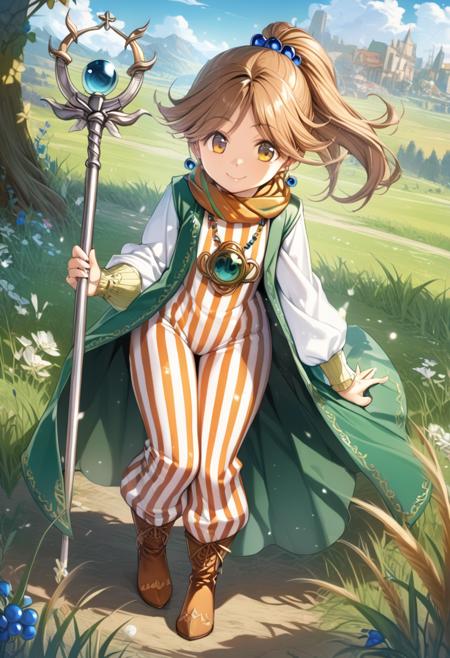 1girl,<lora:porom dsff4XL:0.8>,porom dsff4,hair bobbles,scarf,necklace,cape,earrings,striped pants,boots,holding staff,full body,standing,smile,grass,blue sky,ultra-detailed,best quality,masterpiece