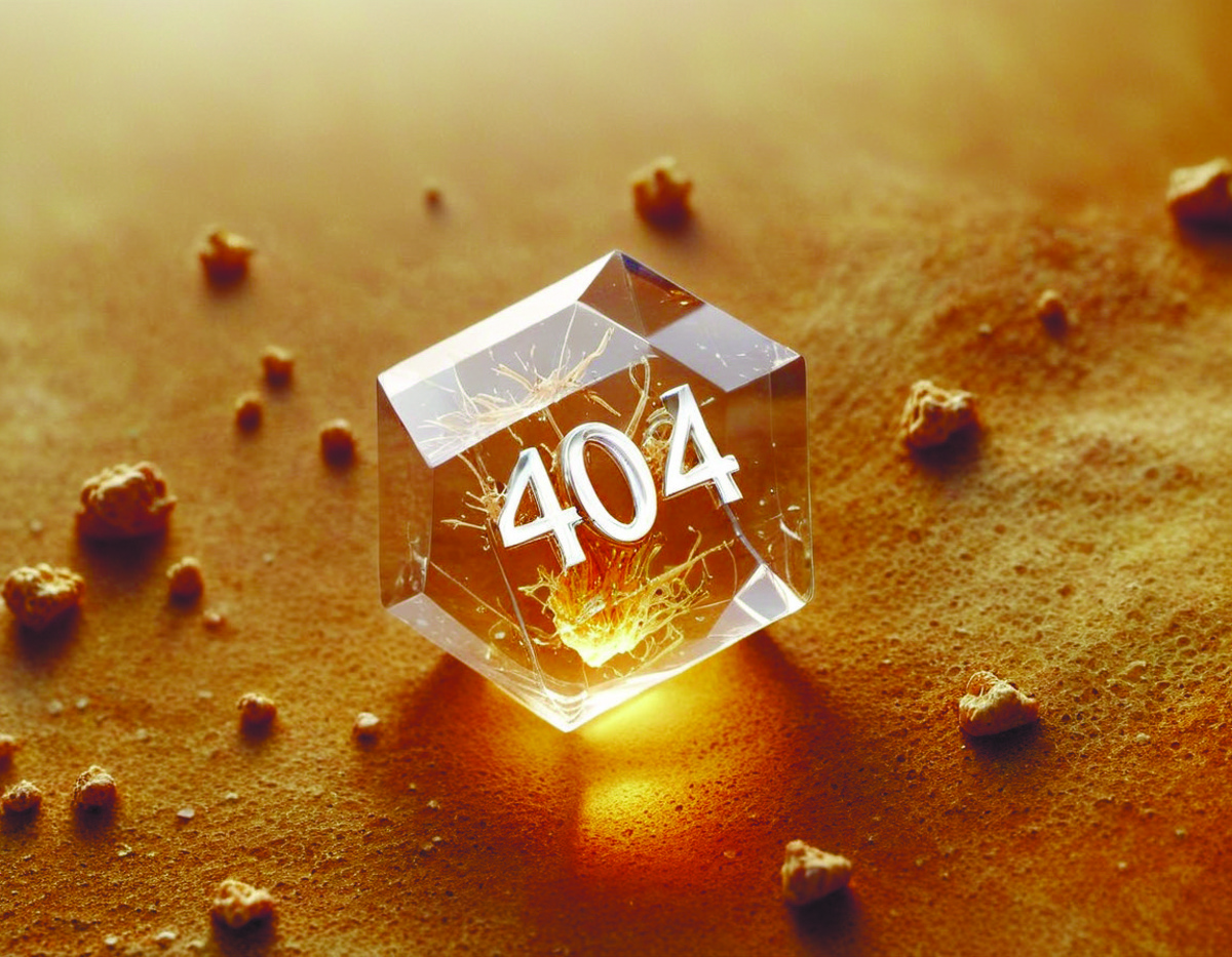A 404 error message displayed on a clear cube.