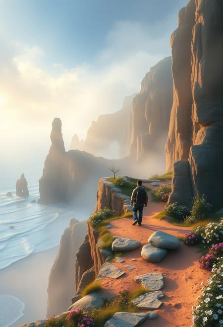 A lone traveler standing at the edge of a glowing canyon, mist swirling around ancient stone pillars
, serene beauty, tranquil landscapes, delicate seascapes, pastoral scenes, painterly touch, soft light, watercolor tones, pastel hues, gentle waves, sandy shores, rustic cottages, blooming flowers, nostalgic atmosphere, romantic realism
