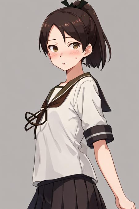 best quality, masterpiece, highres, solo, {shikinami_kantaicollection:1.15}, brown_hair, ponytail, brown_eyes, short_hair, hair_ribbon, ribbon, serafuku, blush