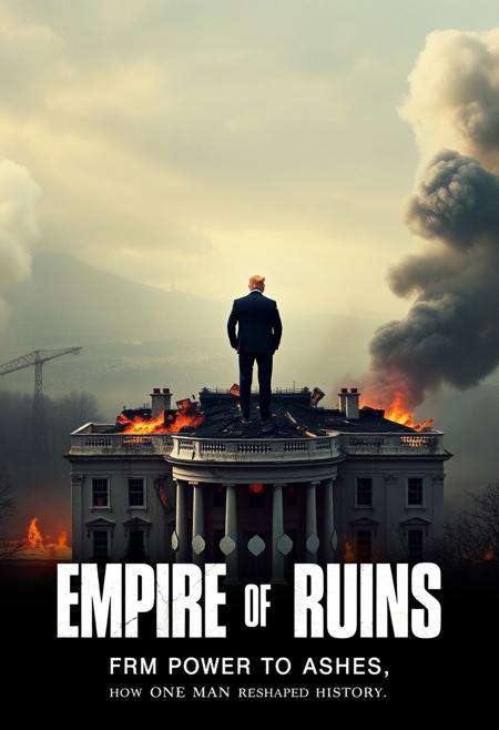 a movie poster for the movie Titled: "Empire of Ruins"
Trump standing atop a fractured, smoldering White House, looking out over a dystopian landscape. The tagline: "From power to ashes, how one man reshaped history."