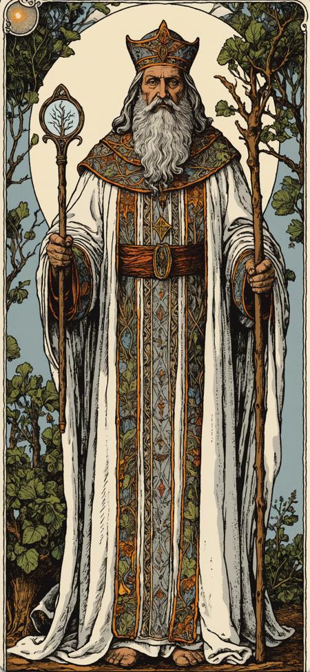 A beautifully illustrated intricately detailed mystical tarot card of a wise man representing The Hierophant Arcana,(tarot:1.3),
white robe,beard,stick,(tree:0.6),