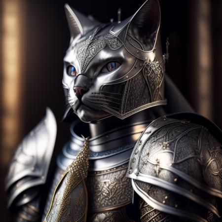 kneeling cat knight, portrait, finely detailed armor, intricate design, silver, silk, cinematic lighting, 4k