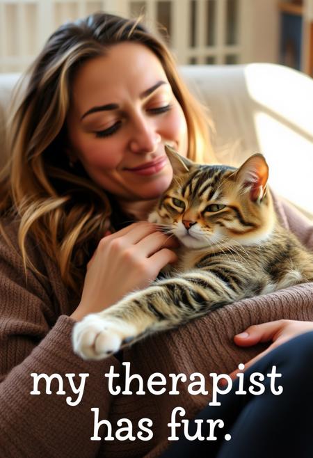 A warm and cozy moment captured on camera, with a plush cat nestled snugly in a woman's lap. The cat's soft fur blends seamlessly with her gentle touch as she strokes its whiskered face. Natural light pours in from the left, highlighting the tender scene. The woman's relaxed expression radiates calmness, while the cat's contented gaze conveys trust and companionship. The whimsical font below reads: 'my therapist has fur', a playful nod to the therapeutic bond shared between human and feline.