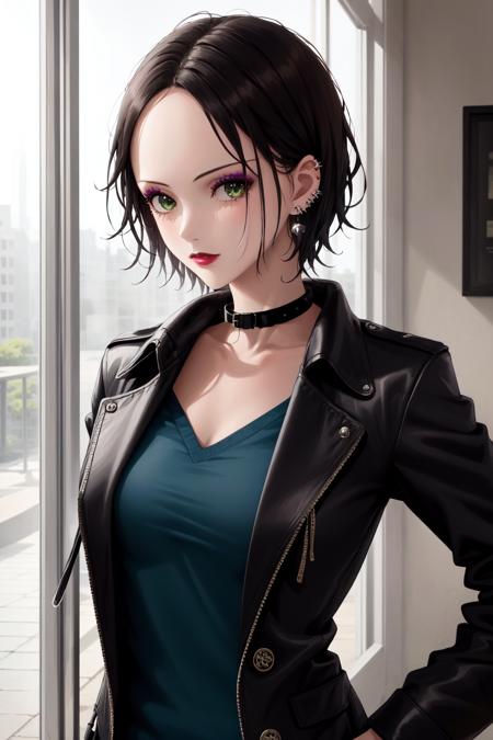 1girl, (masterpice:1.3), highres, high-detailed, high quality, (solo), 4k, cg, pixiv, (perfect face and eyes), detailed face, dynamic light,  intense shadows, intricate_details, nana,short hair, black hair, jewelry, green eyes, earrings, collar, makeup, piercing, lipstick, ear piercing, blue shirt, black jacket, room, outdoors, sexy, sensual, <lora:nana_osaki-08:0.7>, (modeling pose:1.3)