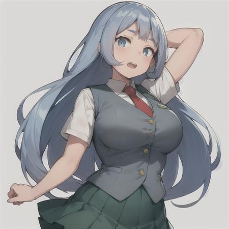 nejire hado, 1girl, solo, long hair, breasts, looking at viewer, open mouth, blue eyes, skirt, large breasts, simple background, shirt, white background, school uniform, blue hair, white shirt, short sleeves, thighs, necktie, teeth, collared shirt, vest, arm up, thick thighs, red necktie, green skirt, arm behind head, u.a. school uniform <lora:NejireHadoLoRA-10:0.5>