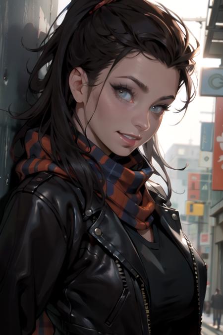 (8k, masterpiece, best quality, solo, sfw), ((Ewa Sonnet)), portrait, (leather jacket, scarf), looking at camera, eyelines, eyeshadows, smile, simple dark background, <lora:Ewa_Sonnet_v1:0.95>, huge breasts