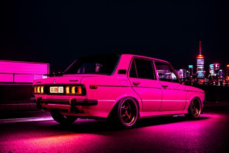 analog style,(((JDM))), A black car drifting on the streets of tokyo at night :: pink sunset and city in the background,Luxyry style,Hyperdetailed, Ultra realistic, cinematic, Neon lighting, Unreal engine, RTX, (VAZ2106),  <lora:VAZ2106:0.8>