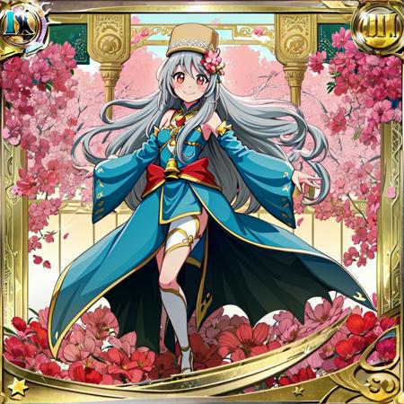 masterpiece, best quality, (1girl, solo),
umami, 1girl, solo, long hair, detached sleeves, flower, hat, smile, bell, hair ornament, grey hair, holding, star (symbol), sunset, card (medium)
<lora:Umami-0011:0.7>
perfect anatomy, dynamic pose, full body, looking at viewer, 
outdoors,((( blush)))