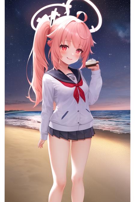 masterpiece, best quality, highres, solo, {night:1.10}, {starry sky:1.10}, beach, beautiful detailed sky, {extremely detailed background:1.20}, mature, {natsu_bluearchive:1.10}, pink_hair, long_hair, halo, side_ponytail, red_eyes, ahoge, blush, serafuku, bangs, hair_ornament, {standing:1.10}, looking at viewer, {bikini:1.30}, light smile