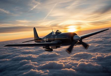 masterpiece, highres, best quality, high quality, highly detailed, upscale, clear image, sharp image, sharp focus, sharp lines, high definition, photograph, Vought F4U Corsair bf-109, flying over clouds, sunset