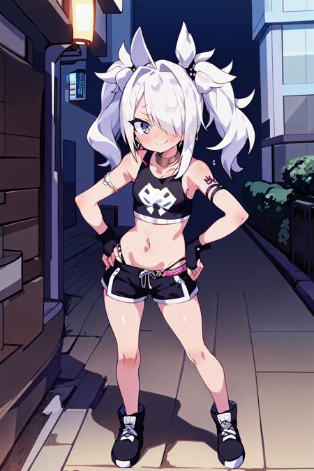 1girl,flat chest,small breasts,dark skin,(big hair:1.1),full body,punk,stud, earrings,emotional punk,looking at viewer,tank top,shorts,gloves,street,buildings,standing,smirk,hair over one eye, hand on hips
<lora:MushroomStyle_variant1:0.95>