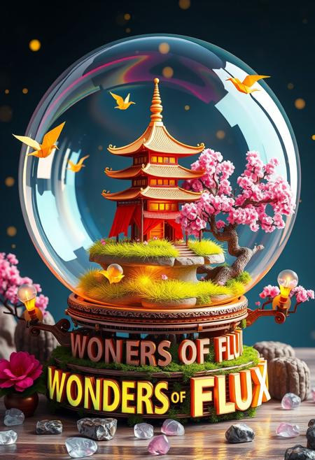 Step into a mesmerizing dreamscape where reality sways with imagination! At its heart, a colossal soap bubble shimmers with flowing, iridescent rainbows. Inside this delicate sphere, a fantastical Japanese pagoda drifts, its walls draped in candy-striped silk and its roof a cascade of golden origami cranes gently soaring.
This whimsical pagoda balances on a floating island of neon-green grass, twinkling as though sprinkled with fairy dust. Encircling it, cherry blossom trees burst with clouds of cotton candy blooms, their petals swirling in gentle pink whirlwinds. Nearby, a playful bonsai tree with a kaleidoscope of ever-shifting leaves beams cheerfully, while firefly fairies flit gracefully among its branches.
The bubble rests upon a fantastical contraption of polished copper and glowing gemstones, precariously balanced on oversized, moss-covered blocks that spell out “WONDERS OF FLUX” in glowing, whimsical letters. Surrounding the scene, a moat of liquid starlight ripples with delicate, leaping origami koi fish. In the distance, an enchanted forest reveals tree trunks of ice cream flavors and giant mushrooms that seem almost livable. Shafts of prismatic light cut through the canopy, revealing mischievous cloud sheep prancing across a sky that shifts from bubblegum pink to electric blue. The entire vision bursts with a kaleidoscope of electric purples, lime greens, sunset oranges, and cerulean blues, enveloping you in a symphony of whimsy and wonder.