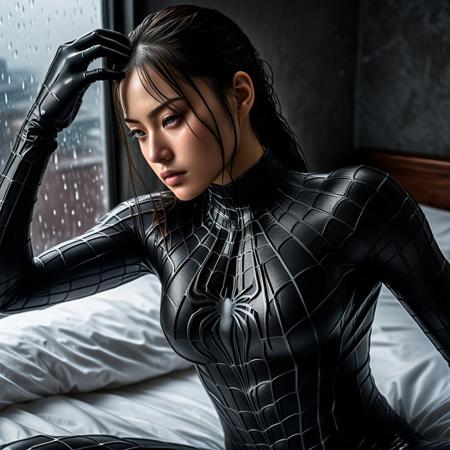 score_9, score_8_up, score_7_up, best quality, realistic, masterpiece, beautiful detail, hyperrealistic, rainy scenery, ((1girl, woman body, close up big breasts)), amazing detailed of a beautiful japanese girl, wearing a realistic and highly detailed black raimi spider-man suit, ((huge muscular girl)), professional model wears ultra - detailed black raimi spider - man suit, ultra - detailed and grained black raimi spiderman suit, suit covered entire body and hand, black spiderman gloves, wet, (lying on a bed), (dirty skin), close up face, octane render, highly detailed, volumetric, dramatic lighting, (highest quality:1.1), (HDR:1.3), (top quality, best quality), realistic, high definition,