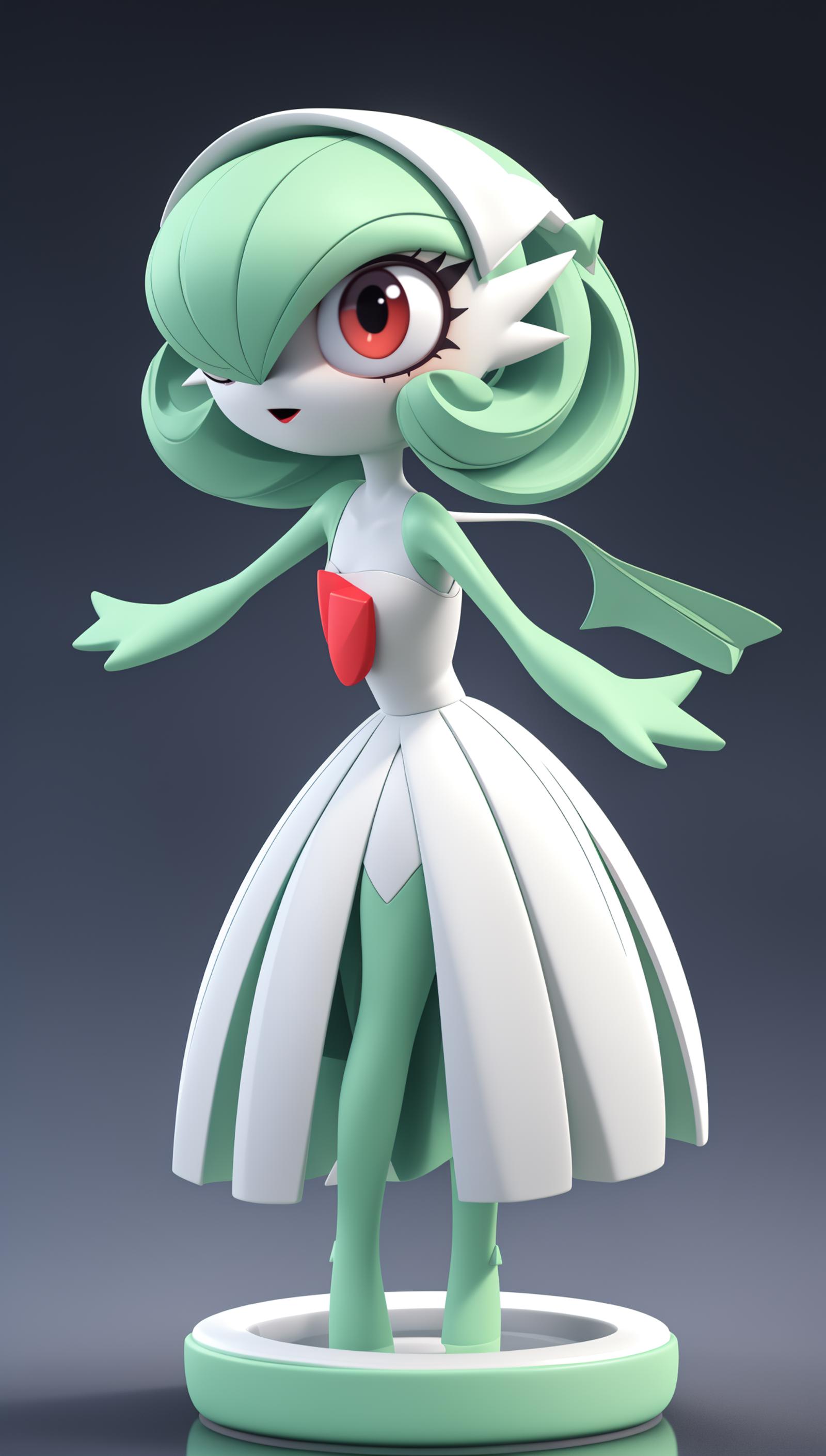A green and white cartoon character wearing a white dress with a red heart on the front.