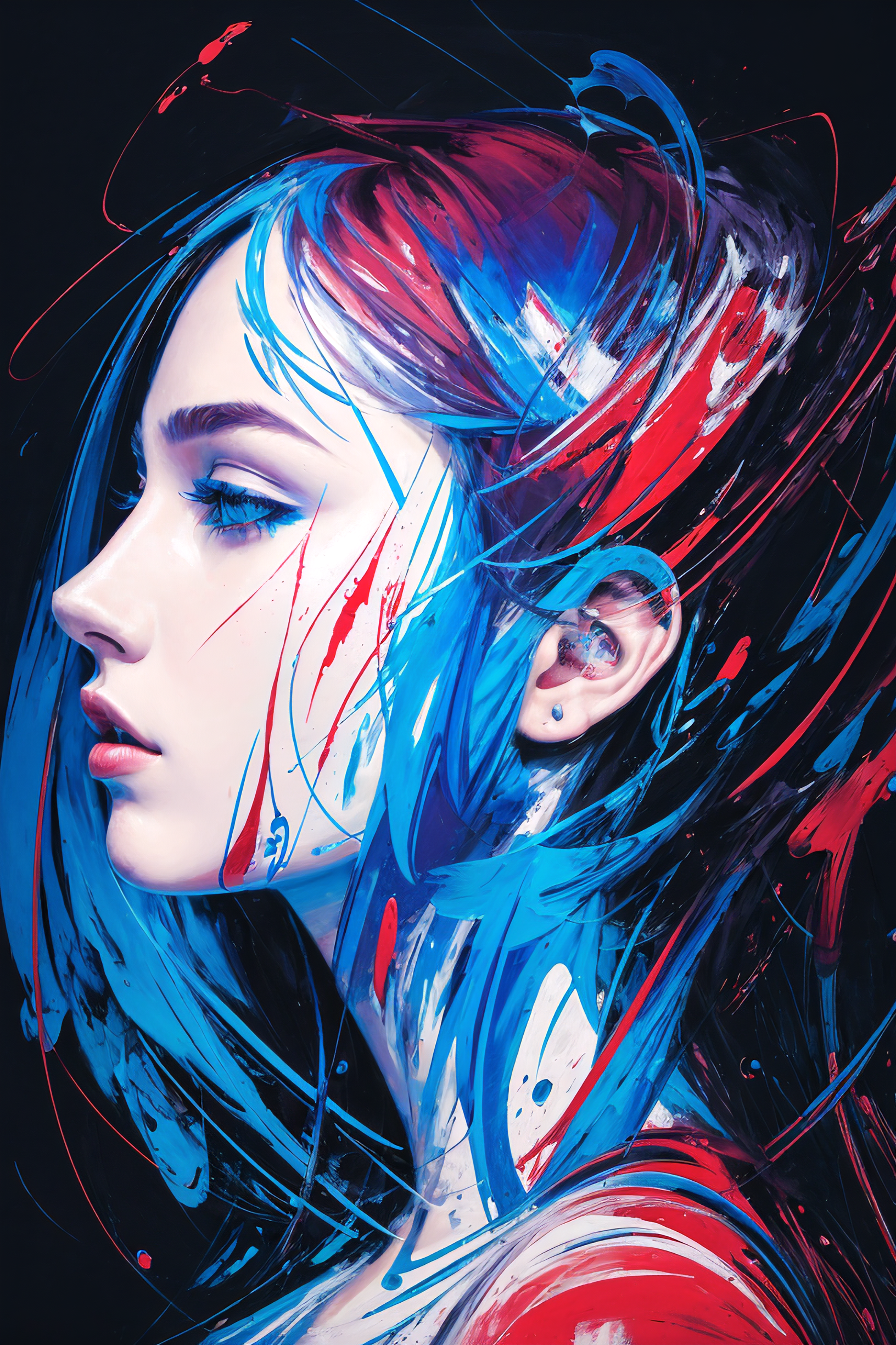 A blue and red painting of a woman with blue eyes, earrings, and blue hair.