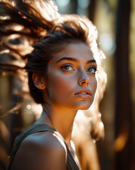 natural texture skin, bright atmosphere, Photograph, photo- realistic, realistic, hyper- realistic, 8k, masterpiece, film grain, pale skin, dslr, full body, photo of a stunning woman (22 years old) with brown hair, freckles, golden eyes, forest, dark tones, natural skin tone, volumetric lighting, (cinematic), ((((cinematic look)))), analog style, (film grain)1.3, IMAX, HDR, cinematic, photography, 100 megapixels, HASSELBLAD X2D 100C 21MM F/4