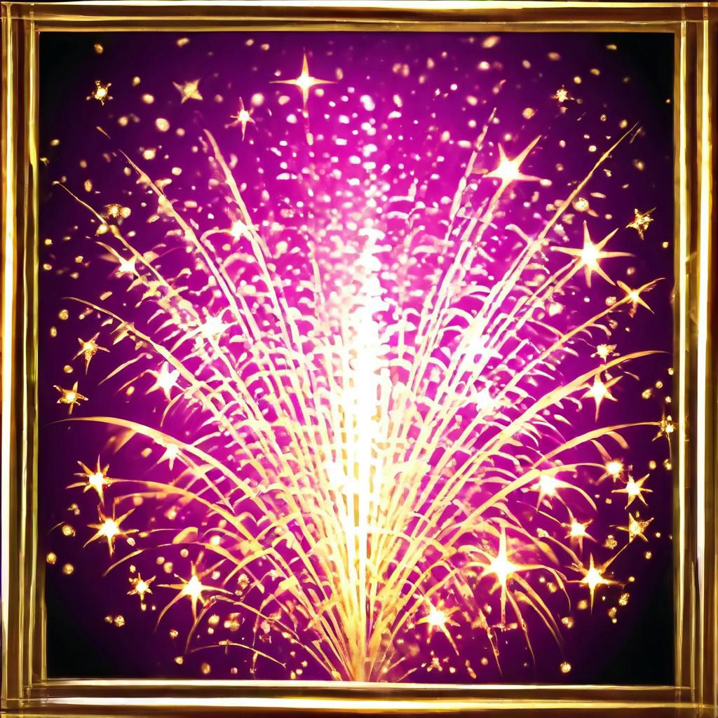 Black to purpure gradient background, golden frame, fireworks, spray fountain from bottom to top, sparks, golden stars, magic, casting spell