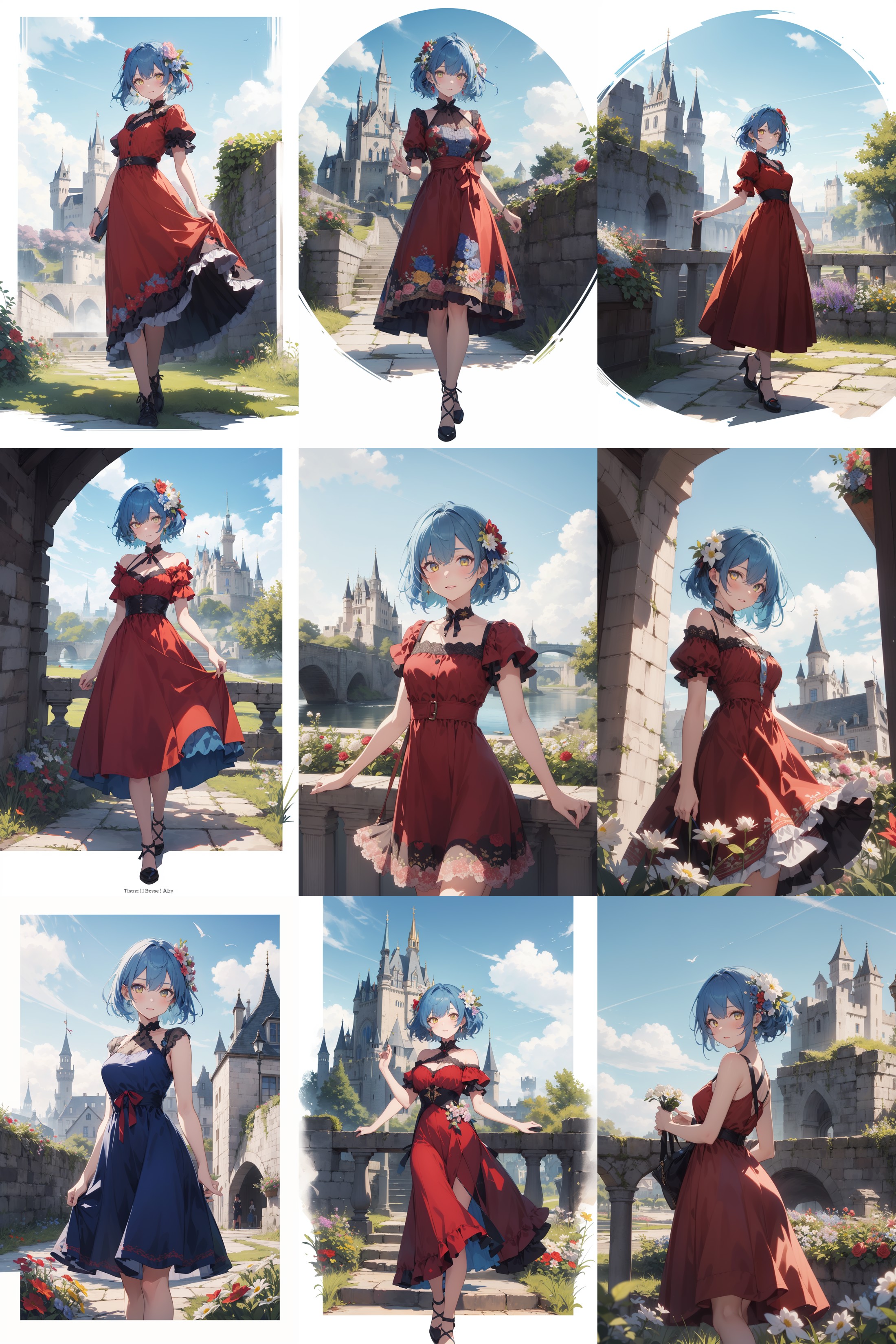 <lora:concept_master_1.0:1> 1girl ,blue hair,yellow eye,red dress,castle,sky,flowers,((looking at viewer)),[(background:1....