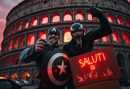 Marvel icons, Captain America and Venom, are caught in a surreal, high-energy selfie in front of the ancient Colosseum, with an unsettling atmosphere creeping into the scene. Captain America, his shield glowing faintly under the dimming light of a blood-red sunset, holds a vintage Kodak MC3 camera, trying to capture the eerie moment. Venom, grinning with malevolent glee, strikes a wild pose, his tendrils snaking around Cap’s shoulders, almost squeezing too tight in a way that blurs the line between playfulness and menace. Behind them, the towering Sion army approaches, their glowing red eyes piercing through the shadows of their insect-like helmets.
The Colosseum looms ominously in the background, its ancient arches casting dark, twisted shadows as if the structure itself is alive. The iconic ruins feel warped, with cracks pulsing as though ready to split open. In the foreground, a neon cardboard sign reads ‘SALUTI DA SENIGALLIA(AN)’ but the letters flicker erratically, with some symbols morphing into eerie, cryptic shapes. Holographic effects ripple unnervingly, and the air around them is thick with swirling dust and mist, giving the scene an otherworldly, haunted feel. The contrast between the decaying landmark, superheroes, and the approaching army creates a chilling snapshot of a reality slipping into chaos