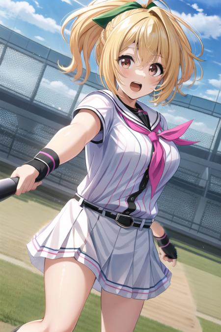 masterpiece, best quality, absurdres, cute, ultra-detailed, perfect anatomy, <lora:takanashi_yuzu-000140:0.6>, takanashi yuzu, girl, solo, open mouth, hair bow, upper body, ponytail, outdoors, outstretched arm, holding, baseball bat, holding wepon, holding baseball bat, baseball uniform, pink neckerchief, black undershirt, fingerless gloves, belt pouch, pleated skirt, baseball, floating hair