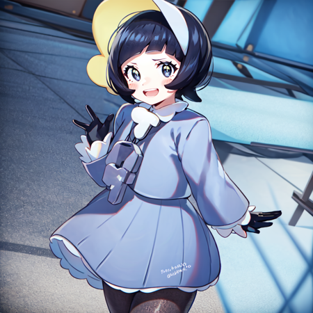 1girl, solo, gloves, blush_stickers, pantyhose, black_hair, dress, short_hair, smile, eyelashes, cardigan, black_gloves, bangs, grey_dress, grey_footwear, black_eyes, bonnet, blunt_bangs, grey_cardigan, open_cardigan, long_sleeves, jewelry, necklace, puppy_pokemon,