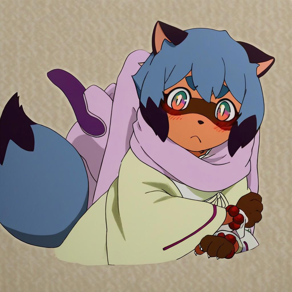 furry, purple scarf, yellow eyes, cat, upper body, blush, bead bracelet, japanese clothes, tail, thick eyebrows, looking at viewer
Michiru kagemori