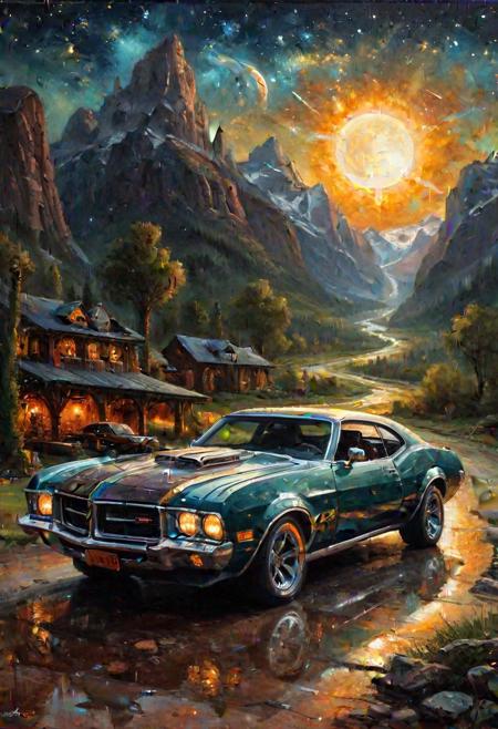 oil painting of a Muscle car, in a Lord of the Rings setting, Celestial equator background, Sunny, Cosy, Astropunk, Moonlit, designed by Marek Okon and dan mumford, painterly, robotic, <lora:ClassipeintXL2.1:1>