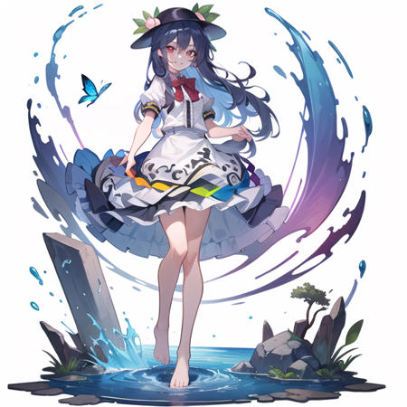 [(white background:1.5)::5], hexagon , 1 girl,  hinanawi tenshi, mid shot, full body,standing,straight-on, <butterflies, flowers,floating petal, peaceful water,cloud, sunset, garden>, masterpiece, best quality, anime, highly detailed eyes, highly detailed face,  smile ,red eyes ,colored sclera,slim legs,barefoot,crossed legs,looking_at_viewer, 
