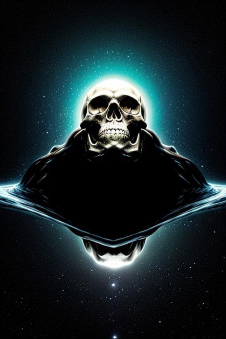 A close-up photorealistic image of a crystallic floating skull facing the viewer with its mouth open, pouring from it's mouth a shimmering liquid resembling the universe onto the ground, filled with rich stars and swirling galaxies. A simple void background enhances the dark atmosphere, shrouded in fog, capturing the hypnotic flow and shimmer of the cosmic liquid,from above view,