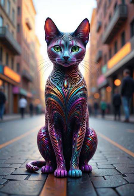 cat made out of fractangles, in the middle of the street