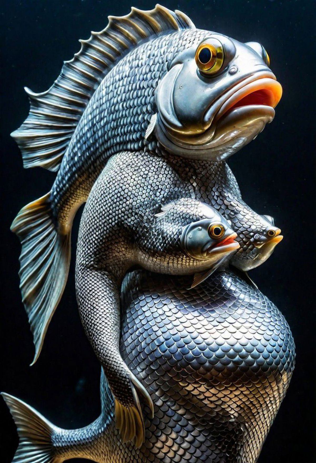 A large fish statue holding two smaller fish.