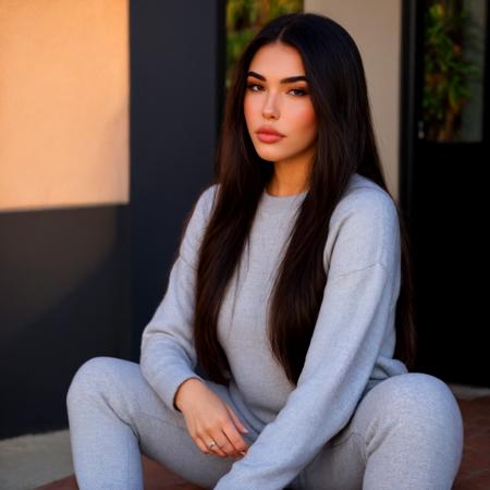 score_9, score_8_up, score_7_up, straight on, beautiful lady, realistic, Madd_Beer, 1girl, plump lips, thick lips, eyelashes, brown eyes, thick eyebrows, black hair, long hair, forehead, sweater, crop top, sweat pants, sitting, hugging knees, looking at viewer, frown, hyperdetailed photography, soft light, portrait, outside, golden hour, <lora:XL\KMS_Madison_Beer_XL_r1-000015:0.75>