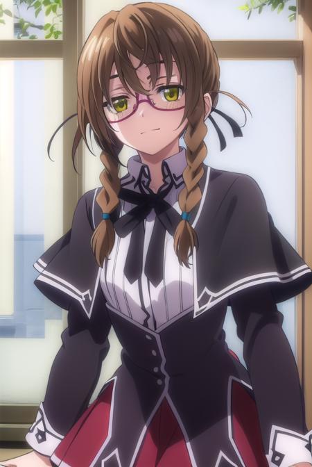 aikakiryuu, <lora:aika kiryuu anime s2-lora-nochekaiser:1>,
aika kiryuu, long hair, brown hair, (green eyes:1.5), braid, glasses, twin braids, smile,
BREAK shirt, ribbon, school uniform, white shirt, black ribbon, neck ribbon, capelet, black capelet, long sleeves, skirt, red skirt,
BREAK indoors, classroom,
BREAK looking at viewer, (cowboy shot:1.5),
BREAK <lyco:GoodHands-beta2:1>, (masterpiece:1.2), best quality, high resolution, unity 8k wallpaper, (illustration:0.8), (beautiful detailed eyes:1.6), extremely detailed face, perfect lighting, extremely detailed CG, (perfect hands, perfect anatomy),