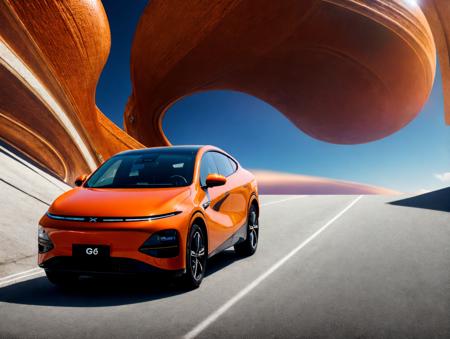 XPeng G6, wide view of an orange car, (futuristic sci-fi), (((futuristic alien planet scene))), realistic, sharp focus, HD, highly detailed, intricate, photography, hyperrealism, hyperrealistic, film, studio light, detail, dramatic lighting,  <lora:xpeng_v1.2:0.8>