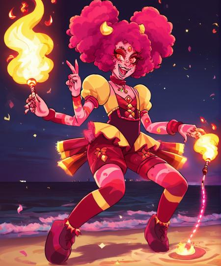 brazilian fire opal, spinel and ruby fusion, fire breather with afro pigtails playful short and super cool flame juggler with freckles, peace sign, cartoon androgynous holding a flaming fire wand, trending on tumblr, dancing pose, with pretty face, detailed eyes with eyeshadow, four hands, jester, full body shot, three-quarter view, performing tricks on the beach at night, reddish pink body.
<lora:gem2asd-000050:0.8>, (Gold themed harlequin beauty:0.7), four arms, venetian, spotlight, macro lens, Electric, slight anger. Personality: energetic, playful, intense, nice, a show off, lives to entertain, performer, lots of fun at parties.