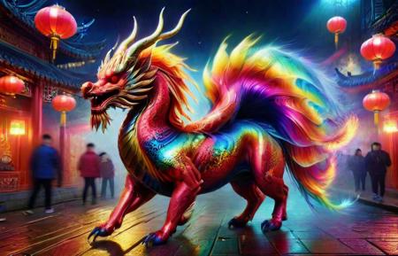 A vivid and ((ral-oilspill Qilin), midnight, in a chinese red lantern festival street with people walking around), magnificent horns, vibrant feathers, majestic and legendary, captures attention with its vibrant hues, colorful high contrast, from china, festival of rich colors, hong kong, epic colors, formidable, rain, eyes lit, standing in the dark, anamorphic lens flares 4k, best of behance, holy flame crown spell, creative commons attribution, wallpaperflare, steven jung, trending on mentalray, hyper realstic, featured on pexels, big horn, highly beautiful, casting a magic spell, color overlay, ð, pr0f3ss10n4l <lora:ral-oilspill:1> <lora:QilinSDXL:1.125> <lora:sdxl_LCM_lora_rank1:1.15>