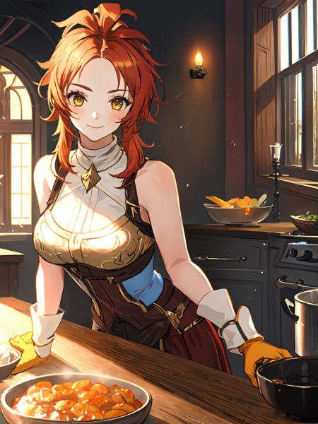 masterpiece,best quality,highres,cinematic lighting,dramatic angle,<lora:ShadowverseMaiser&SelenaV2:0.8>,Selena,1girl,orange hair,ahoge,yellow eyes,bare shoulders,gloves,blue robe,white shirt,breast plate,clothing cutout,suspenders,cooking,fire,smile,in kitchen