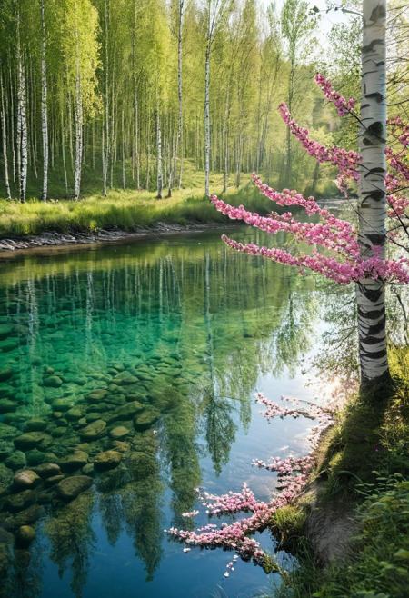 Amazing scenic view of birch forest with blooming pink flowers next to crytal clear water in river on background green trees in the morning rays of the sun, cinematic look, film, (shot on Nikon D850:1.2), <lora:add-detail-xl:1>, <lora:SDXLHighDetail:0.5>