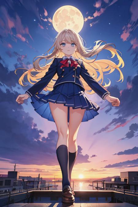 tareme,
big eyes,
(shining) eyes,
(inviting face:1.2),
(high detailed school uniform:1.2),
band of light,
(wind:1.4),
anime,
realistic,
high detailed eyes,
perfect anatomy,
(masterpiece,
best quality,
high detailed:1.4),
8k,
cg.
wallpaper,
(blue sunset:1.4),
(moon:1.2),
full body,
dynamic pose,
1girl,
solo,
chests lift,
looking at viewer,
from below,
(top of the building:1.2)