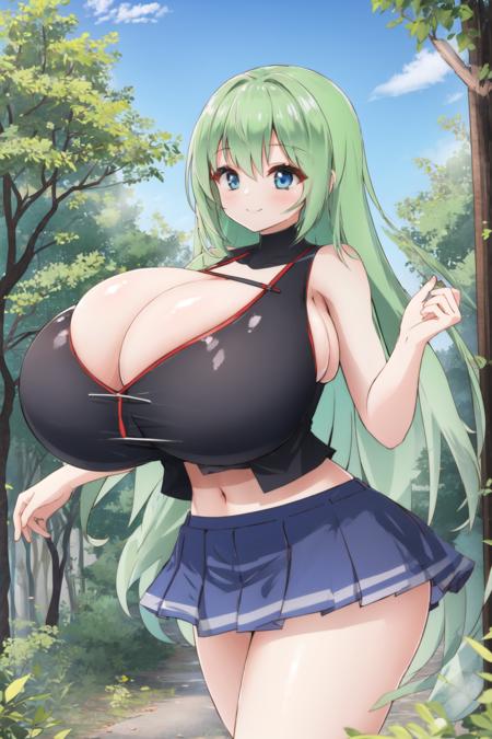 <lora:moralgear3-10:0.6>, 1girl, gigantic breasts, miniskirt, crop top, sideboob, smile, outdoors, forest, sleeveless