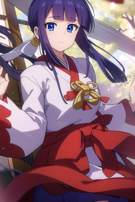 kanade takatsuki, long hair, blue eyes, very long hair, blue hair, hair ribbon, ponytail, sidelocks, blunt bangs, skirt, thighhighs, long sleeves, school uniform, black thighhighs, zettai ryouiki, skirt, long sleeves, japanese clothes, hakama, hakama skirt, miko, red hakama,