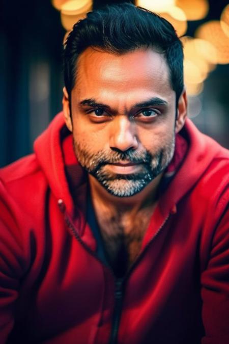 sacha dhawan a man <lora:Abhay-Deol_Sacha-Dhawan:1>, realistic photo in a worn ((red tracksuit, massive hairy pecs)), ((light bokeh)), intricate, (steel metal [rust]), elegant, sharp focus, photo by greg rutkowski, soft lighting, vibrant colors, (masterpiece), ((streets)), (detailed face), looking at viewer, light smile, night, walking towards viewer, cinematic lighting, beautiful lighting, cinematic lighting, (hazy filter, film grain:1.2)