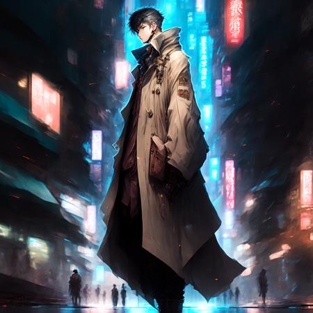 anime, Cyber Hacker Man standing, wearing Trenchcoat in the Streets of Hong Kong (CyberHacker style:1)  <lora:djzCyberHacker:0.8>