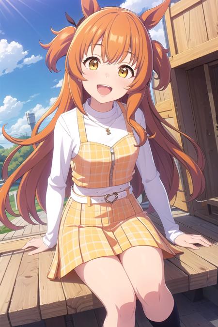 ultra-detailed, high resolution, extremely detailed cg, anime picture,(masterpiece, best quality:1.4), illustration ,1girl, mayacas, (laughing), orange hair, horse ears, yellow vest, long sleeves, yellow skirt, socks, blue sky,  
 <lora:1660462226233910119:0.6>  <lora:deresute-v1.2:0.2>