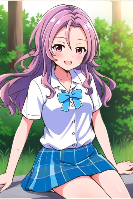 masterpiece, best quality, 1girl, solo, serizawarenge, pink hair, long hair, pink eyes, bangs, white shirt, short sleeves, blue bowtie, pleated skirt, plaid skirt, green skirt, school uniform, smile.