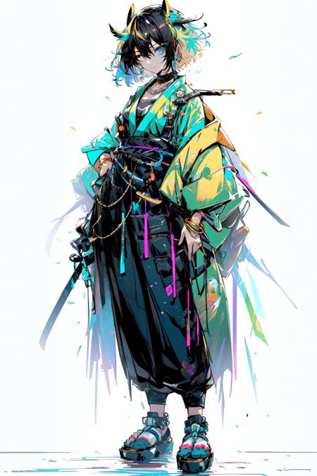 <lora:samurai_punk02:1>, virtual youtuber, male focus, solo, 1boy, blonde hair, full body, multicolored hair, sandals, straight-on, jewelry, japanese clothes, looking at viewer, white background, blue hair, streaked hair, aqua eyes, pants, simple background, smile, closed mouth, kimono, standing, short hair, necklace, bracelet, sash, bangs, official alternate costume, alternate costume, tachi-e, blue pants, hair between eyes, shirt, collarbone, belt