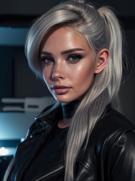 8k portrait of a girl, AlanahPearce, white hair, brown eyes, high ponytail
, ((leather jacket))
, (masterpiece: 1.4), extremely detailed skin,, (looking at viewer), (upper body:0.8), (close-up:0.8), (photorealistic:1.2)
, beautiful detailed eyes, sharp focus, glowing eyes, detailed 4k eyes, dark bedroom background,  <lora:LowRA:0.6>, dark theme, night, advntr, bedroom
, <lora:more_details:0.3>, <lora:AlanahPearceV2:1.0>,  <lora:hairdetailer:0.5>